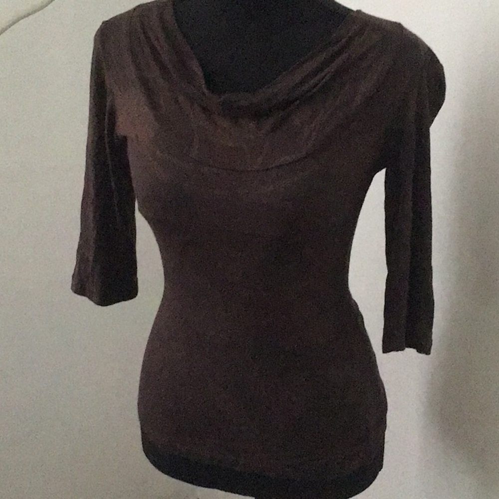 Brown cowl neck top with golden accents